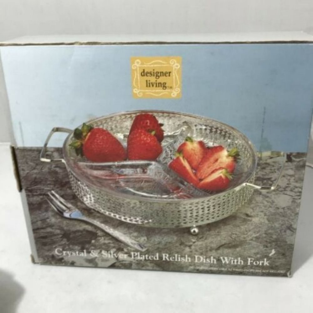 Designer Living Crystal Silver Plated Relish glass Dish party holiday New